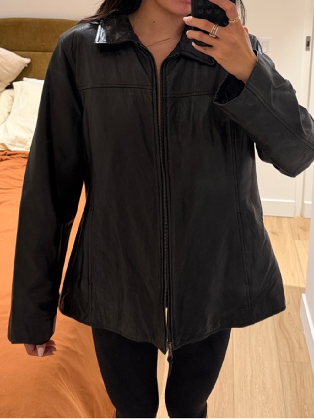 Classic Black Leather Zip Jacket - Women